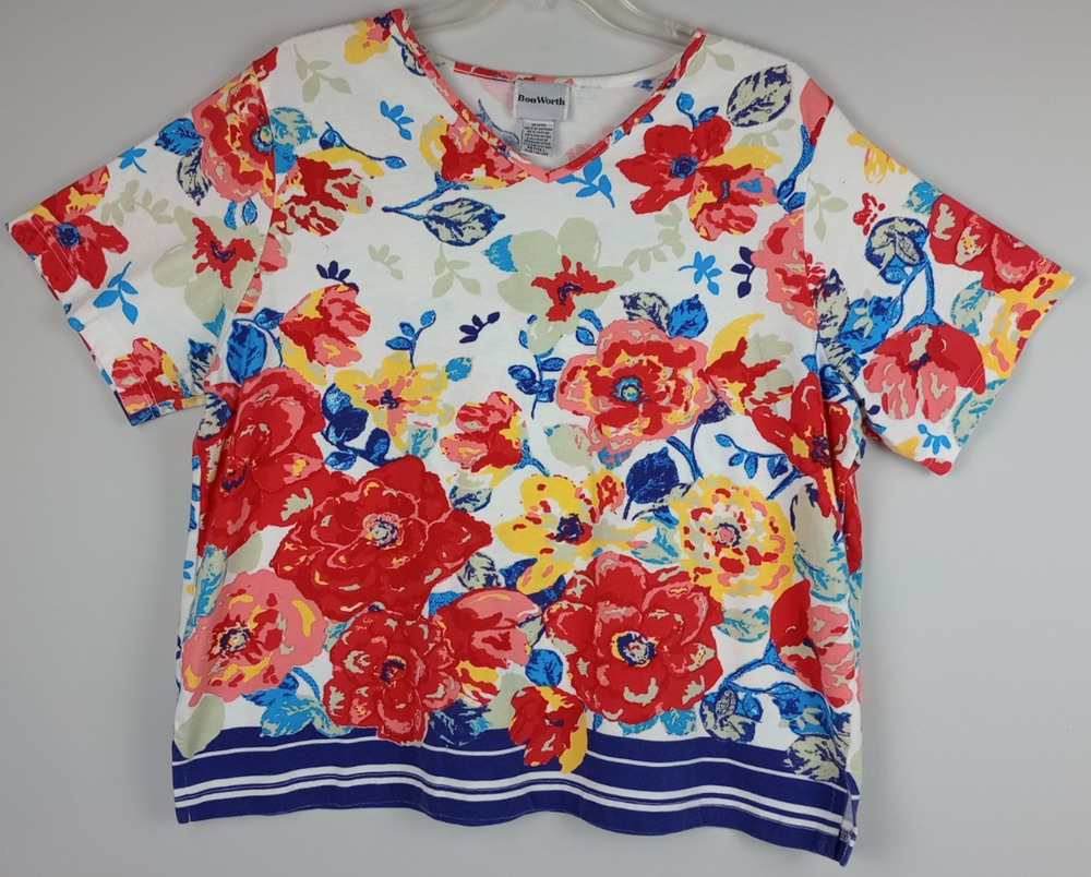 VTG BonWorth Womens L P White Red Blue Yellow Floral V Neck Short Sleeve Tshirt